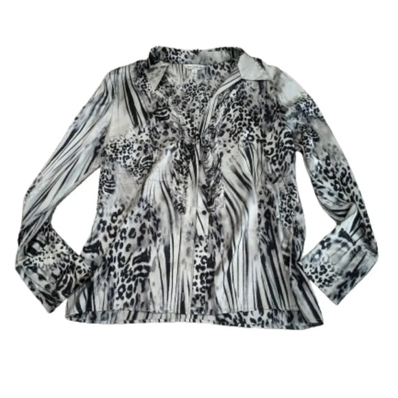 St John silk long sleeve blouse black and white button front animal print sz 12 - Picture 1 of 11